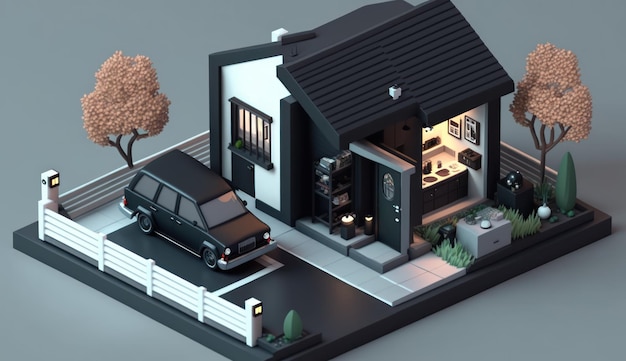 A small house with a black car parked in front of it.