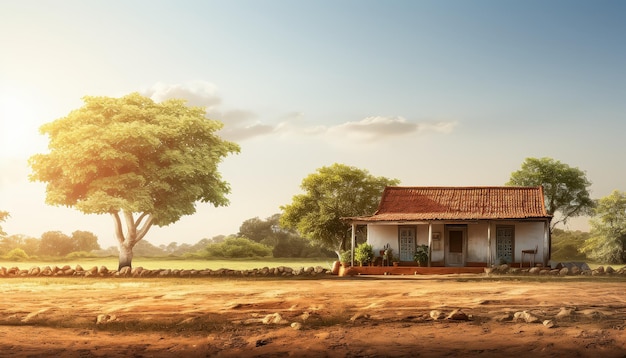 Photo a small house with a blue door sits in a field