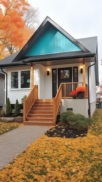 A small house with a blue door and a yellow roof