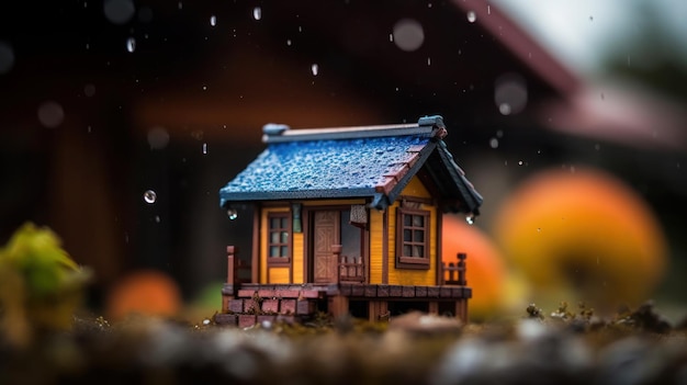 A small house with a blue roof sits in the rain.