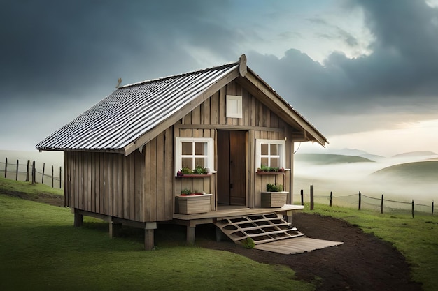 A small house with a fence in front of it