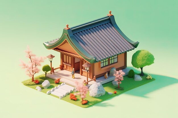 A small house with a green background and pink flowers.