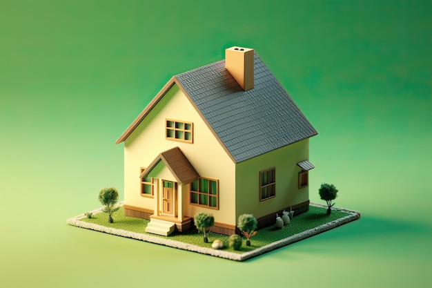 A small house with a green background and a small tree on the front.