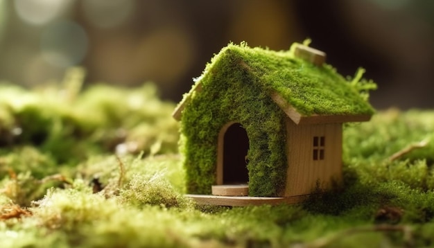 A small house with a green roof on a mossy surface