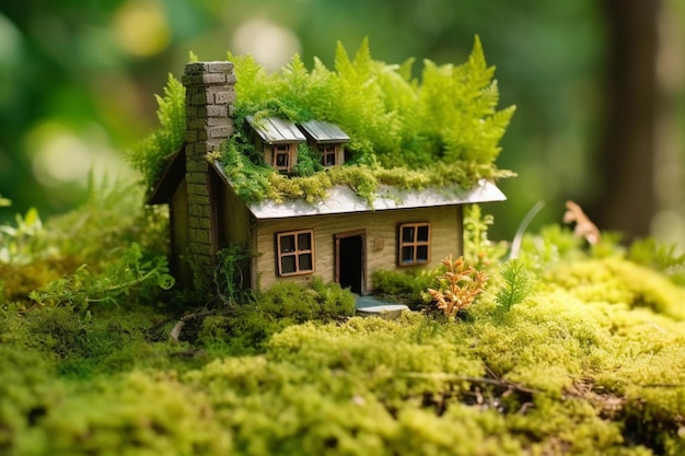 A small house with a green roof sits on a mossy ground.