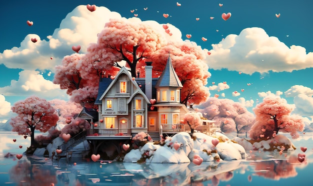 a small house with hearts flying around it