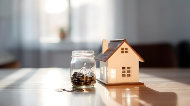 A small house with a jar of coins next to it