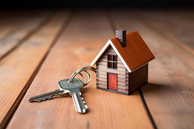 a small house with a key and keys on a wooden table