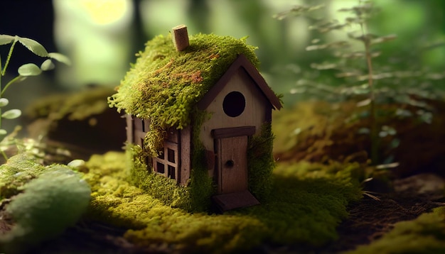 A small house with moss on it and a birdhouse on the roof.