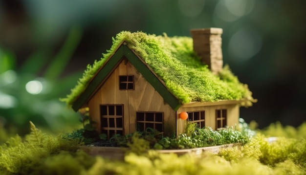 A small house with moss on the roof