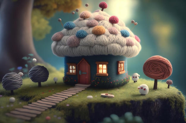 A small house with a mushroom tree on the top.