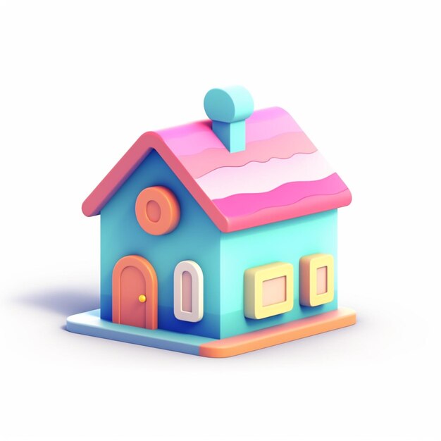 A small house with a pink roof and a pink roof.