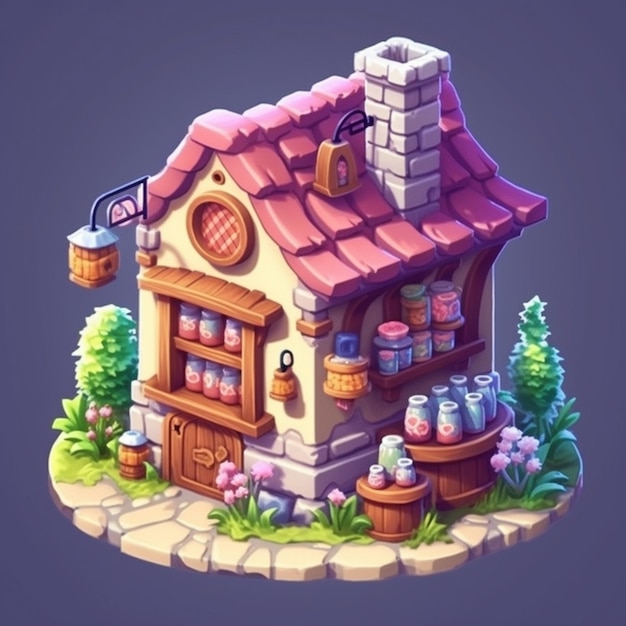 분홍색 지붕이 있는 작은 집과 많은 우유병이 있는 작은 가게.