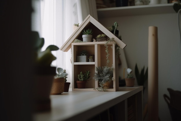 A small house with a plant on the shelf
