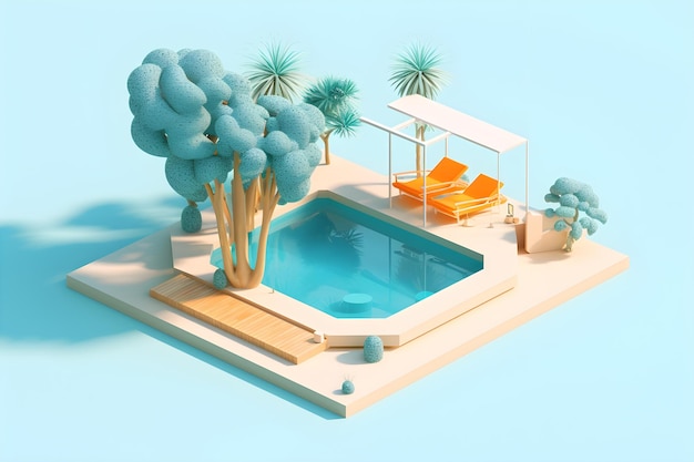 A small house with a pool and trees