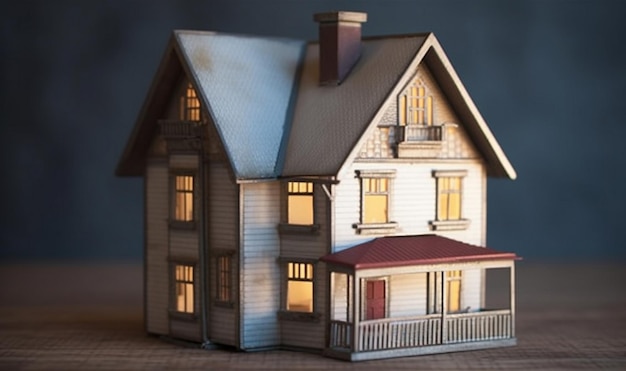 A small house with a porch and a roof with lights on