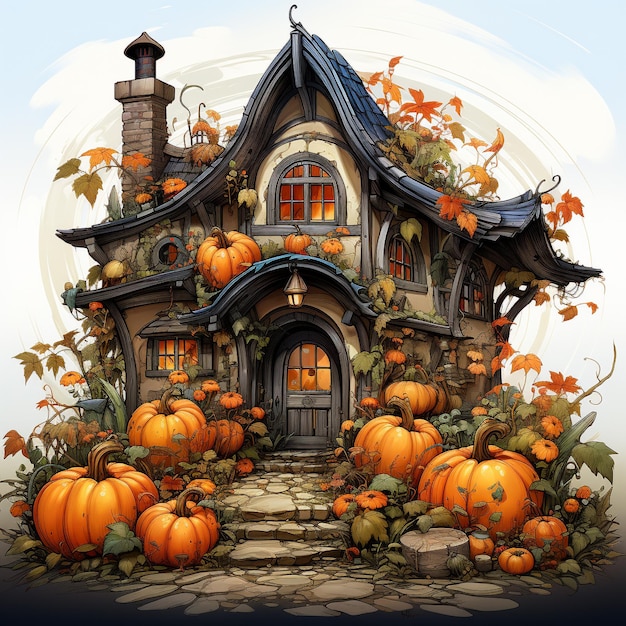 A small house with pumpkins