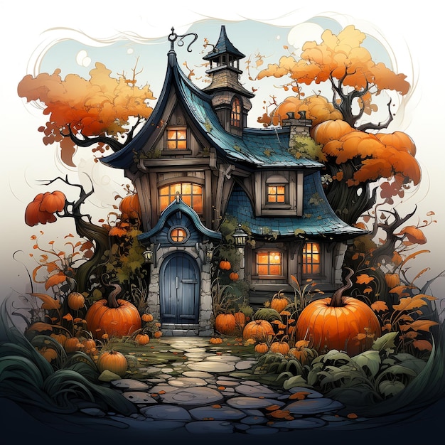 A small house with pumpkins