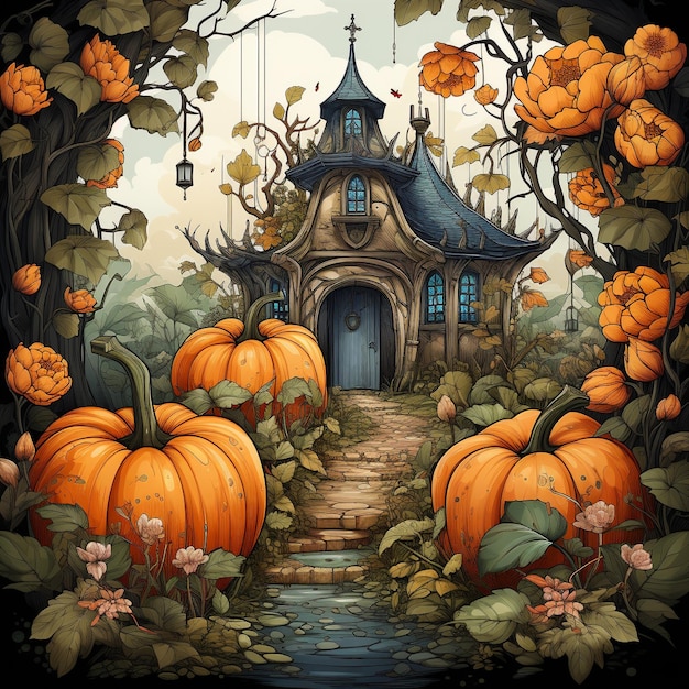 A small house with pumpkins