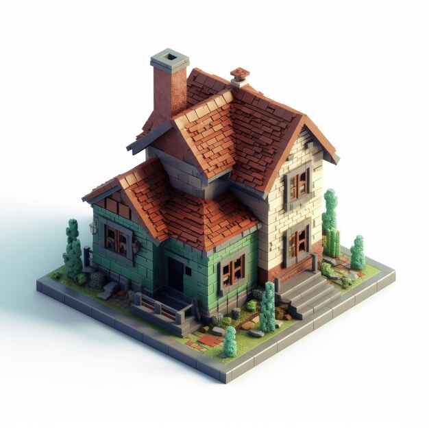 A small house with a red roof and a green roof.