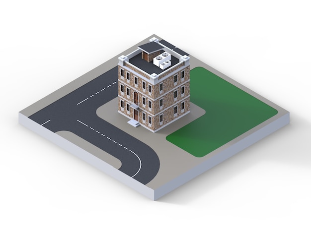 Una casetta di tre piani con vista prospettica di parte dell'area urbana con strada, marciapiedi e prati. rendering 3d.