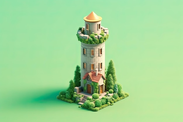 A small house with a tower on it