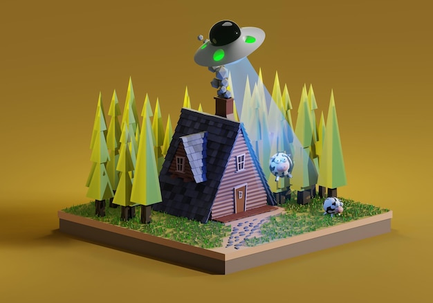 A small house with a ufo on top of it