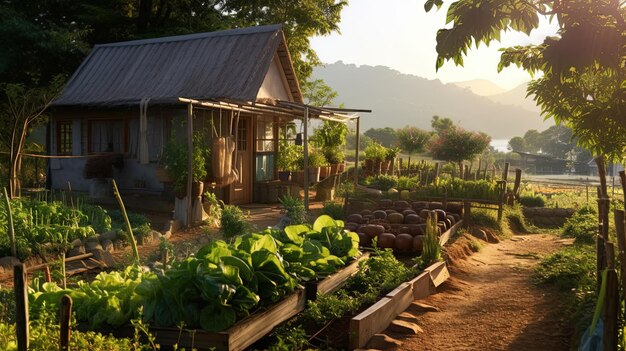 A small house with a vegetable garden during nature Live a simple life in the countryside of Thailand Generative AI