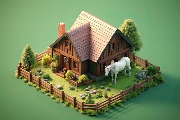 A small house with a white horse in front of it.