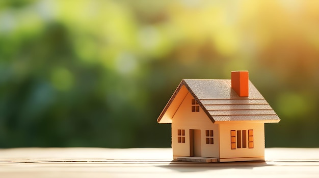 A small house on wooden table with blur green background