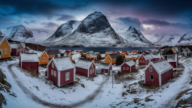 사진 노르웨이 산의 작은 집들