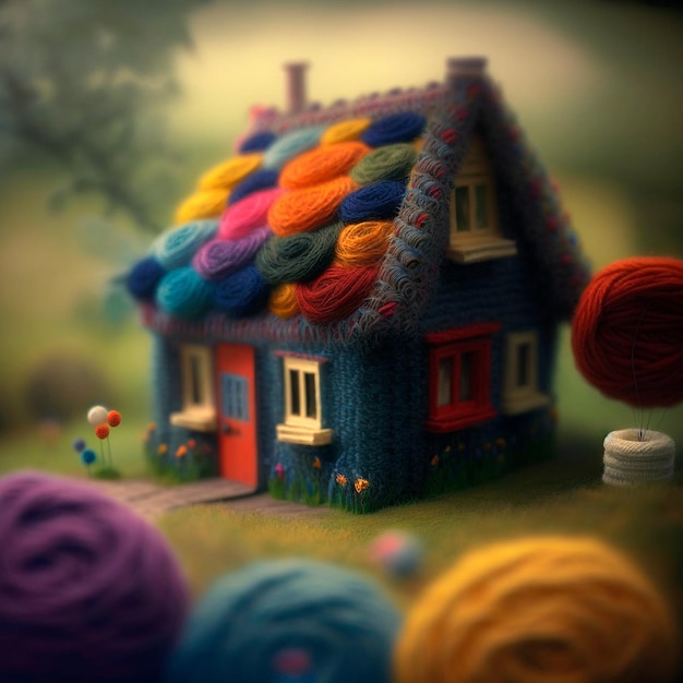 Small houses made of yarn closeup