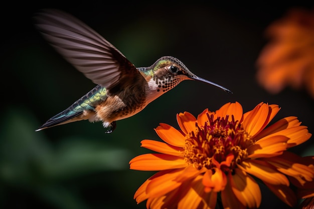 A small hummingbird flying over a red flower Generative AI illustration