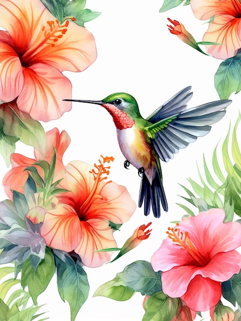 Маленькая колибри и узор из тропических цветов