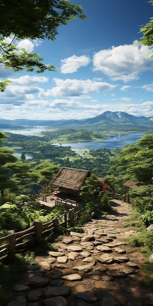 A small hut on a mountain with a lake in the background