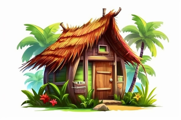 A small hut with a thatched roof and palm trees generative ai