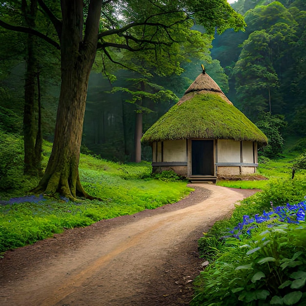 A small hut with a thatched roof sits in a forest.