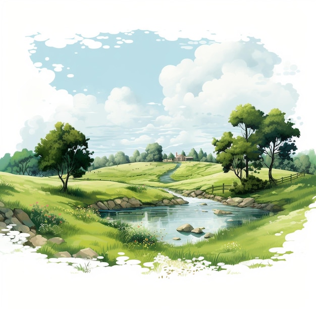 a small illustration of a peaceful landscape in the style of cute and dreamy