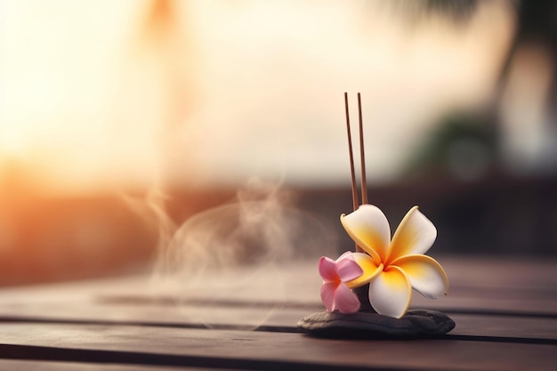 A small incense holder with a plumeria flower on it.