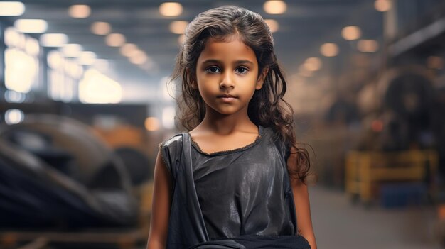 Photo small indian girl portrait with blurred textile factory illegal child labour in sweatshop