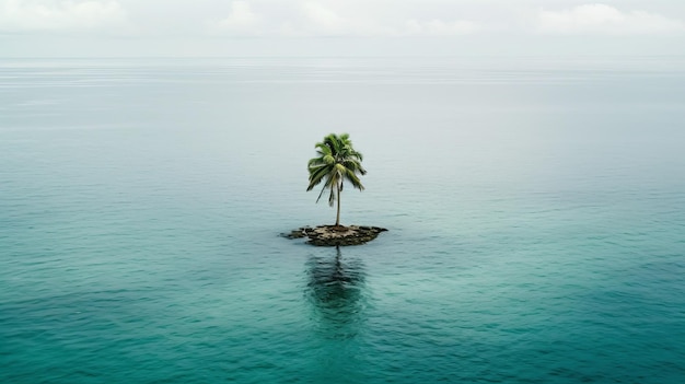 Small island in the middle of the calm sea with a palm tree sky and blue water