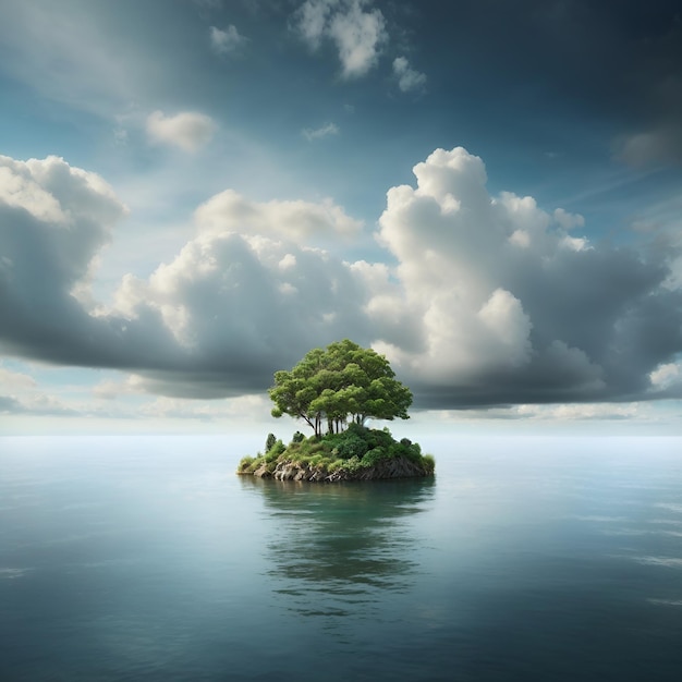 Small Island in the middle of a lake with a cloudy sky