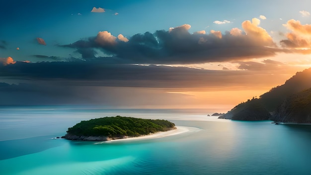 A small island in the ocean with a cloudy sky