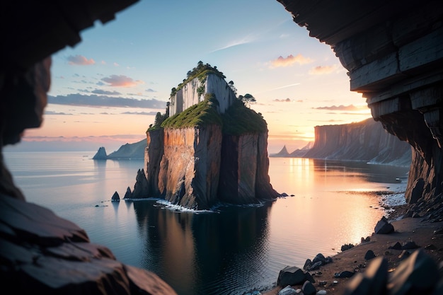 A small island in the water with a castle on the top