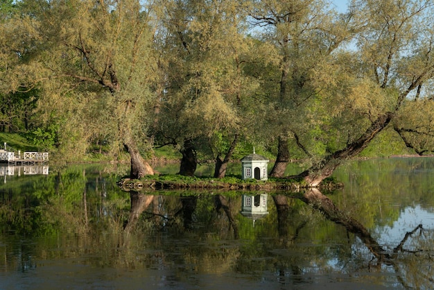 A small island on a White Lake Gatchina Park on a sunny summer day St Petersburg Russia