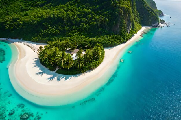 A small island with a beach and a boat on the water