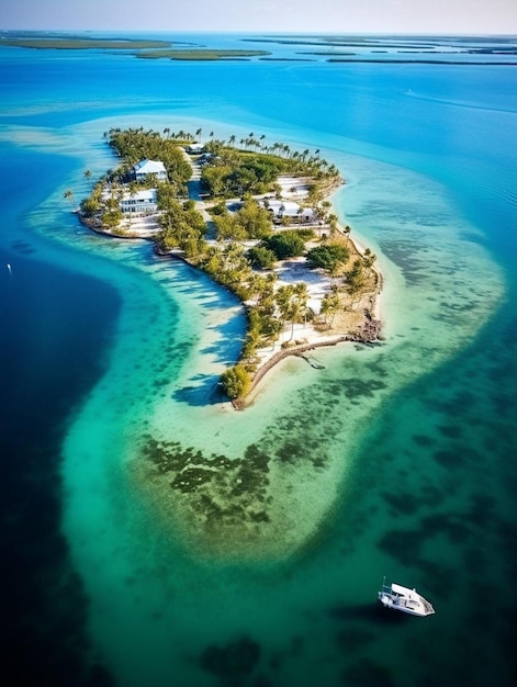 a small island with a boat in the water and a beach in the middle