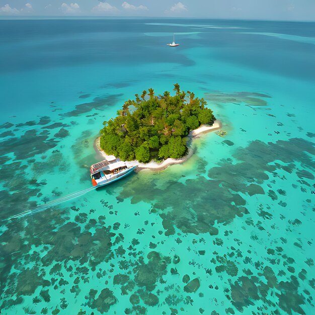 a small island with a boat in the water and palm trees on the island