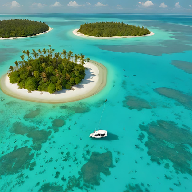 a small island with a boat in the water and palm trees