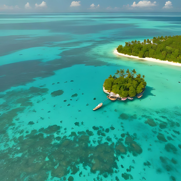 水の中にボートがある小さな島とその真ん中に小さな島がある小さな島